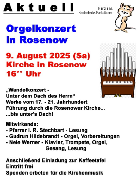 Rosenow -  Orgelkonzert  -  9. August 2025 (Sa)  -  16 Uhr  -  Kirche Rosenow
